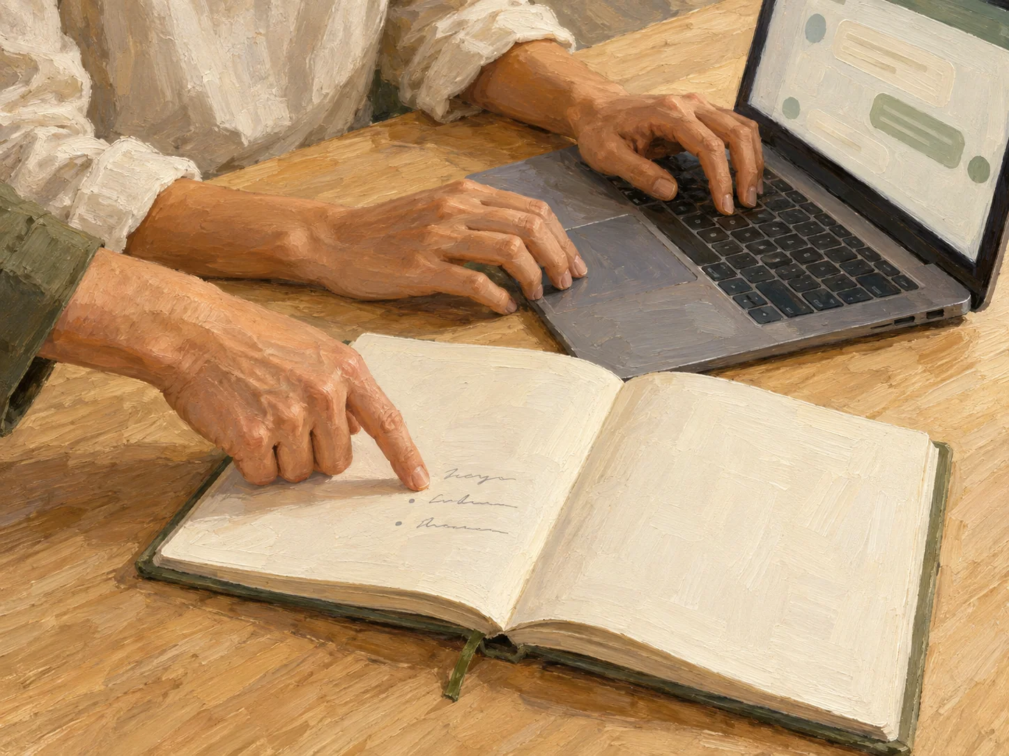 Pintura de mãos usando um notebook e recebendo orientação sobre anotações em um caderno.